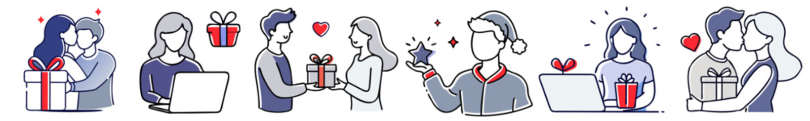 Loving pairs celebrating Christmas holidays, exchanging gifts, and expressing affection in a collection of romantic illustrations