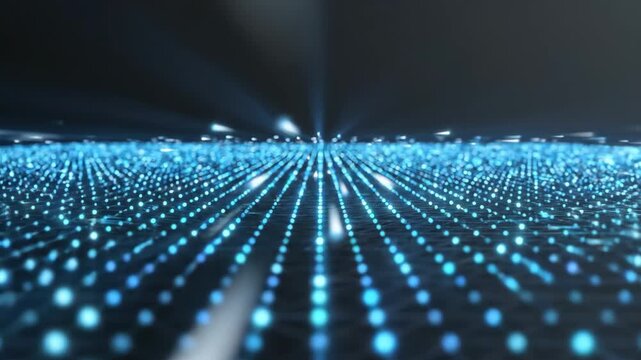 Cinematic grid of pulsing points symbolizes 5G network density across seamless background. This 5G network density is shown with soft spots of light expanding throughout space,