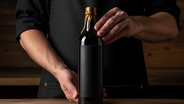 Hands presenting a blank label bottle with a golden wax seal on a wooden background.