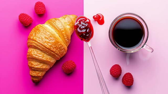 Delightful breakfast composition with croissant, raspberry jam, fresh raspberries, and coffee on vibrant pink background