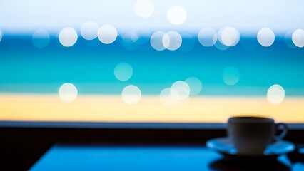 Morning Coffee Cup with Abstract Bokeh Background and Ocean View