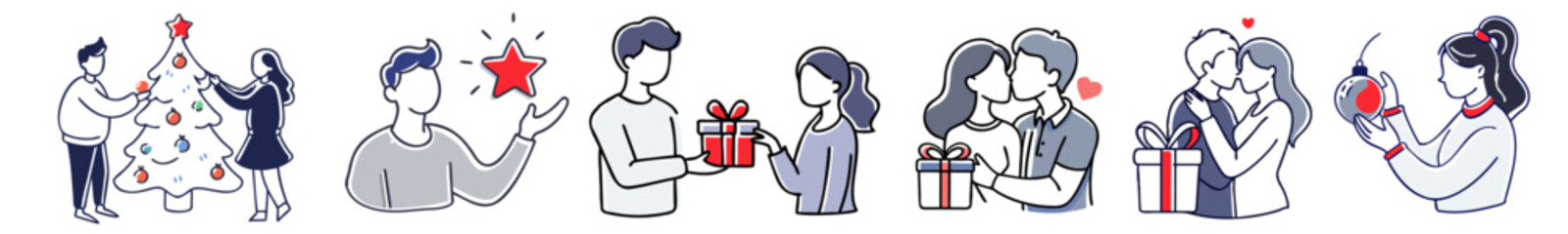 Loving pairs celebrating Christmas holidays, exchanging gifts, and expressing affection in a collection of romantic illustrations