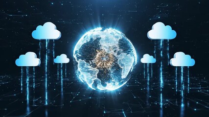 Cloud integration shown through interconnected network and digital pulses for modern technology. Cloud integration represented by multiple icons converging towards central point, - Powered by Adobe