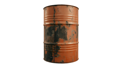 A rusty weathered orange metal industrial barrel with a dark stained side isolated on transparent background