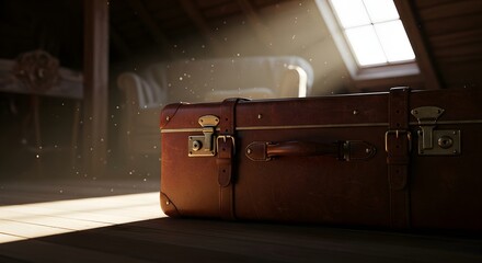 Vintage brown leather suitcase illuminated by a ray of sunlight in a dusty attic, representing a travel adventure concept and nostalgic memories