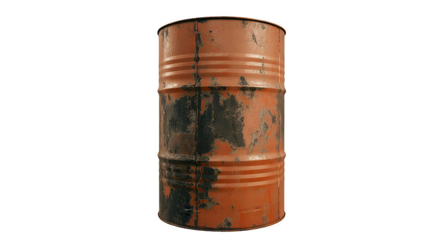 A rusty weathered orange metal industrial barrel with a dark stained side isolated on transparent background