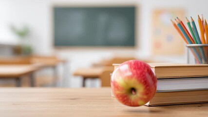Back to school: apple on books in bright classroom setting - Powered by Adobe