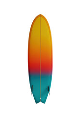 highly polished, retro twin-fin surfboard with a yellow-to-teal chromatic gradient, standing vertically against a pure white studio background with maximum copy space. concept for premium sporting