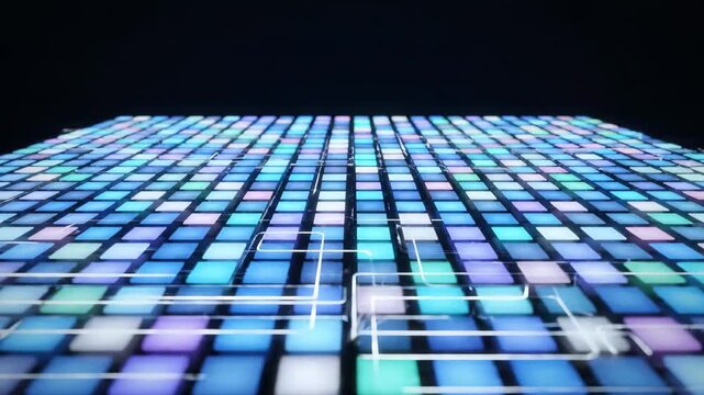 Pulsing squares in sequence against dark backdrop suggest virtualized communication platform. Soft light emanates from square tiles, creating a virtualized communication platform effect,
