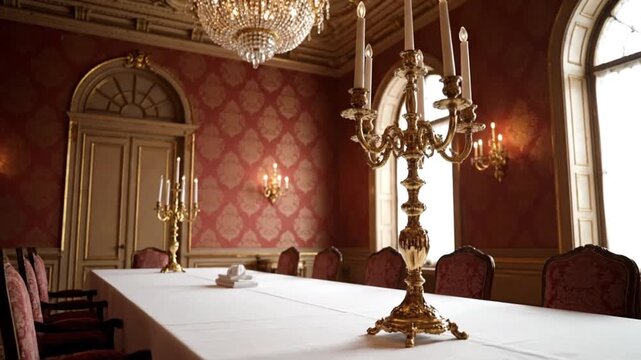 Ornate classical dining room, grand chandelier, elegant candelabra, luxury setting