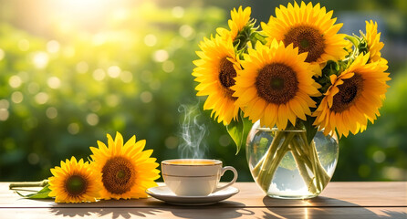 Still life with sunflowers, a teacup, and a glass vase on a wooden table 4k video