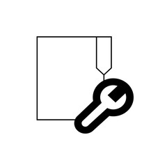 Illustration of a square shape with a vertical line and a wrench icon in black and white design style