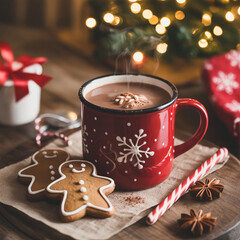 Hot Christmas beverage with sweet holiday cookies and gingerbread snacks
