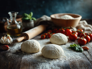 Balls of raw pizza dough, sprinkled with tomatoes, basil and garlic, are laid out on a work surface and prepared for baking, which allows you to create a delicious Italian dish on a dimly lit kitchen 