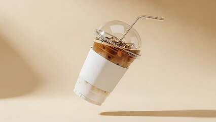 Levitating Iced Coffee in Clear Plastic Cup
