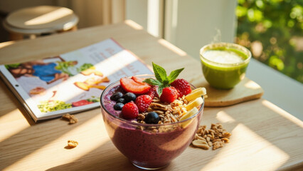 Delicious smoothie bowl with fresh berries and granola on a wooden table