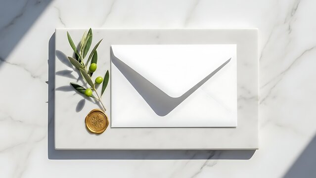 Elegant white envelope with olive branch and wax seal on marble background.