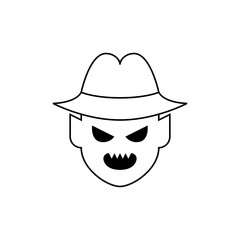 Stylized cartoon of a menacing figure wearing a fedora hat with sharp teeth and angry eyes outline