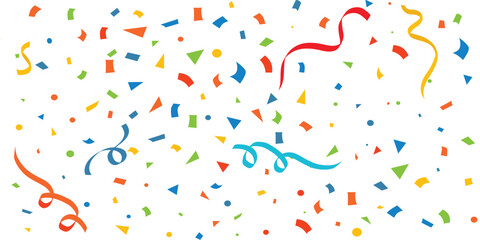 Colorful confetti and streamers falling on white background, Colorful confetti celebration background, Anniversary celebration banner. Bright festive tinsel. Birthday party backdrop.