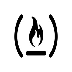 Illustration of a stylized black flame centered between two curved parentheses with a line below it
