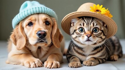 Adorable golden retriever and cat in hats, a charming video clip for pet lovers and animal humor, ideal for social media and lighthearted content