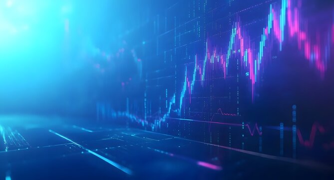 Abstract digital visualization of financial market data with glowing blue and magenta lines representing fluctuating stock prices and economic trends on a dark background - Powered by Adobe