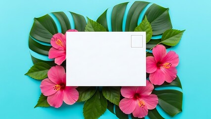 Blank postcard framed by vibrant pink hibiscus flowers and green tropical leaves.