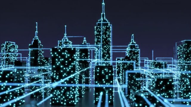 Smart-city infrastructure represented by a simplified skyline silhouette with pulsing nodes across structures.