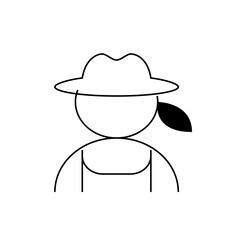 Illustration of a person wearing a hat and overalls with a leaf near the face in a simple line drawing