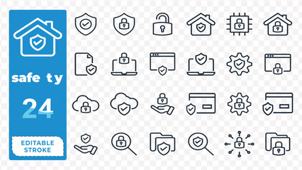 Collection of security and safety line icons with a blue header and editable stroke text lock shield