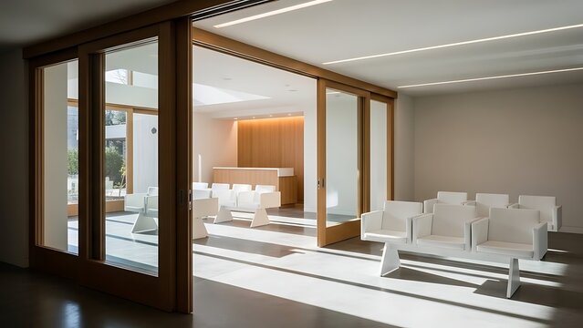 Modern minimalist waiting room with clean white chairs and natural light.