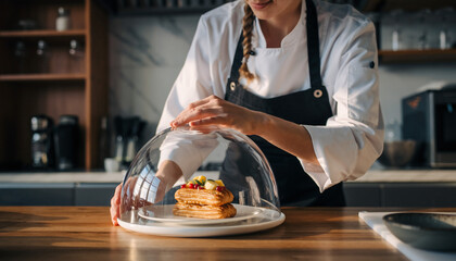 Chef presenting exquisite pastry under a glass dome. Focus on culinary arts, luxury desserts, food presentation. Perfect for restaurant, catering, or gourmet themes.