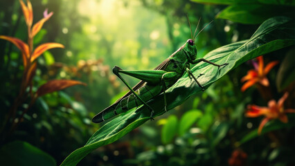 Vibrant green grasshopper perched on a lush leaf in a tropical rainforest setting