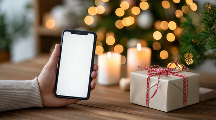 Hand holding smartphone with blank white screen on Christmas background. Mobile phone mockup with gift box and candles. Holiday shopping concept