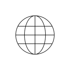 A simple line drawing of a globe with intersecting lines forming a grid pattern on a white background