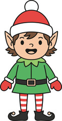 Cheerful Christmas elf in green outfit with pointy ears and hat character happy
