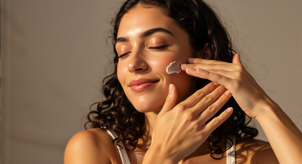 Smiling woman applying moisturizing cream on her face. Skincare routine for healthy glowing skin. Natural beauty and self-care concept