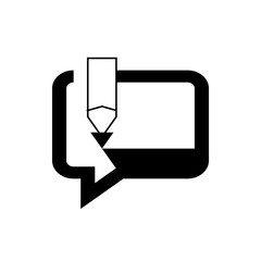 Illustration of a pencil pointing downwards into a speech bubble, symbolizing writing or editing text