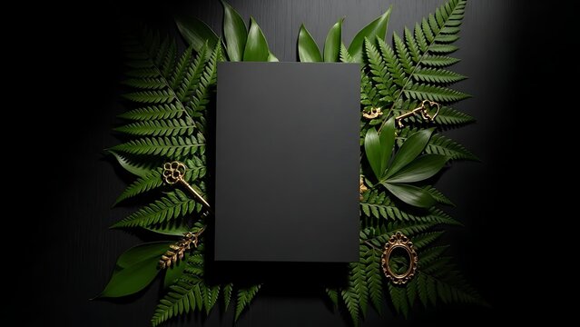 Blank black card framed by lush green leaves and golden decorative keys. - Powered by Adobe