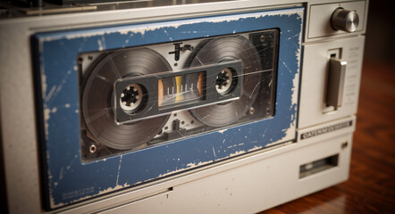 A vintage cassette tape player with an audio tape inside. Worn and scratched retro music equipment. Nostalgia concept for 80s and 90s analog technology