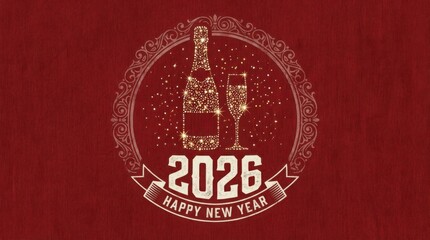 classic t-shirt print template with 2026 depicting bottle and glass shapes made from tiny sparkling particles for happy new year 2026 design template