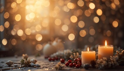 Christmas decoration with candles and christmas tree background