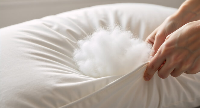 Hands opening a white pillow to show the soft synthetic filling. Hypoallergenic polyester fiberfill material for comfortable bedding and sleep