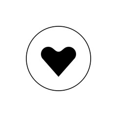Black heart pointing downwards enclosed within a white circle on a plain white background view from front