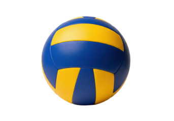 Professional blue and yellow volleyball showing textured panels and sharp details, isolated on a seamless white background with minimal shadow. concept of athletic readiness and sport