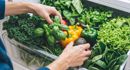 Woman selecting fresh vegetables from a refrigerator crisper drawer. Healthy eating, diet, and organic food concept