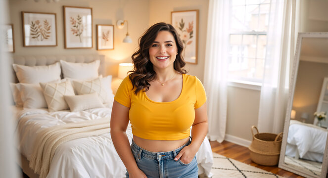 Happy curvy woman standing in a bedroom interior. Smiling young plus size female in a yellow crop top and blue jeans at home. Body positive lifestyle