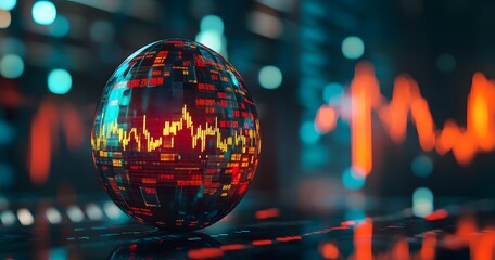 Intricate abstract egg shape reflecting dynamic financial market charts and fluctuating stock exchange data with bokeh lights in the background