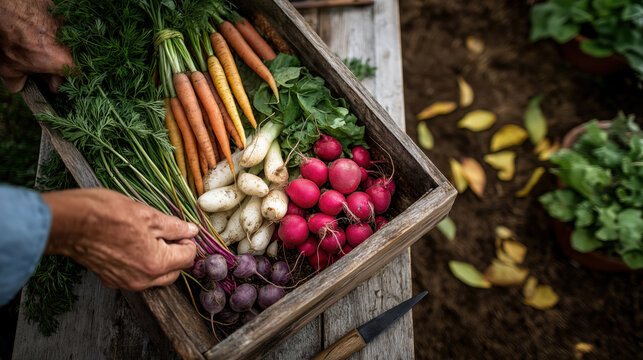 Farmer hands holding a wooden crate filled with fresh organic vegetables. Harvest of colorful carrots, radishes and beets in a garden - Powered by Adobe