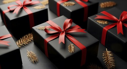 Elegant black gift boxes with vibrant red ribbons and golden foliage create a festive holiday mood for seasonal celebrations